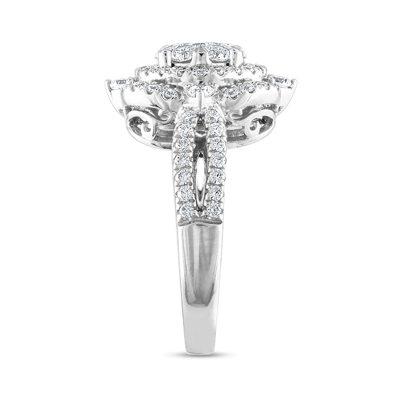 Main Image 2 of Previously Owned - 1-1/4 CT. T.W. Multi-Diamond Double Cushion-Shaped Frame Twist Shank Engagement Ring in 14K White Gold