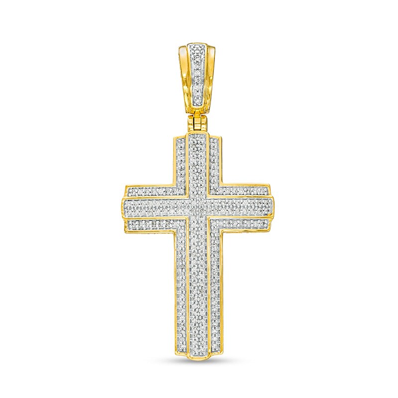 Main Image 1 of Previously Owned - Men's 1/2 CT. T.W. Diamond Cross Triple Row Necklace Charm in 10K Gold