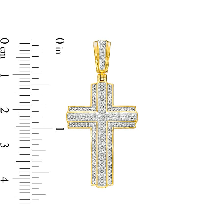 Main Image 2 of Previously Owned - Men's 1/2 CT. T.W. Diamond Cross Triple Row Necklace Charm in 10K Gold