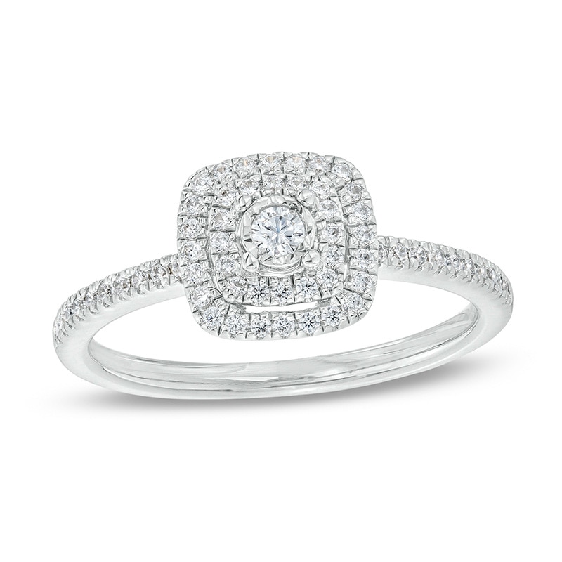 Previously Owned - 1/4 CT. T.W. Diamond Double Cushion-Shaped Frame Engagement Ring in 10K White Gold (J/I3)