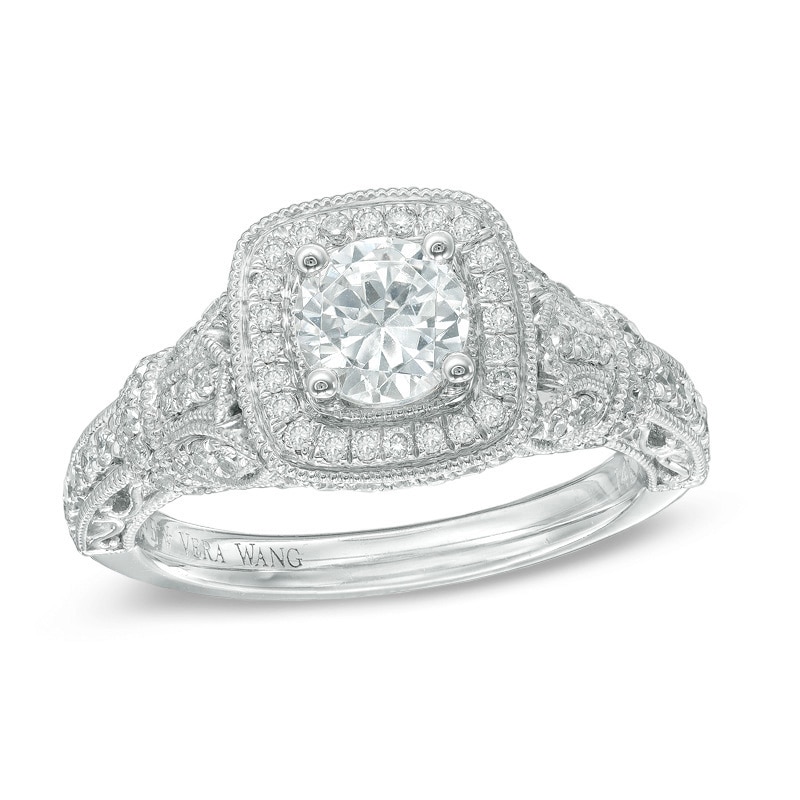 Previously Owned - Vera Wang Love Collection 1-1/5 CT. T.W. Diamond Frame Vintage-Style Engagement Ring in 14K White Gold