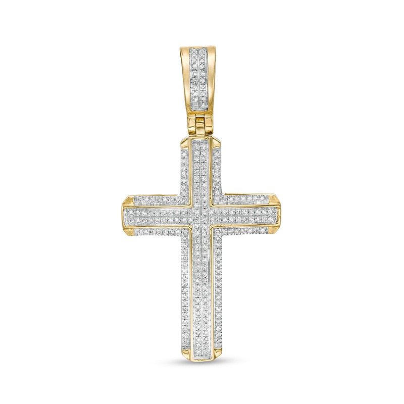 Main Image 1 of Previously Owned - Men's 1/4 CT. T.W. Diamond Double Row Cross Necklace Charm in 10K Gold