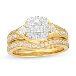 Previously Owned - 1 CT. T.W. Diamond Cushion Frame Vintage-Style Bridal Set in 10K Gold