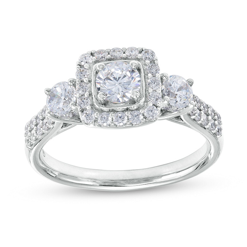 Previously Owned - 1-1/6 CT. T.W. Diamond Past Present Future® Cushion Frame Double Row Engagement Ring in 14K White Gold