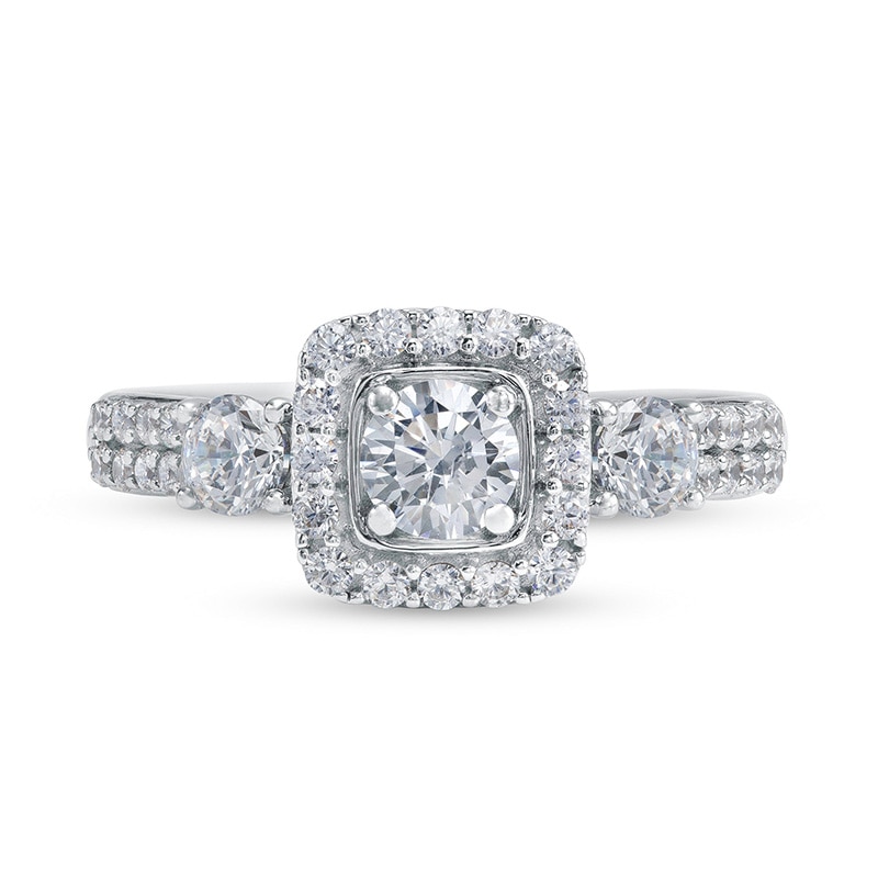 Previously Owned - 1-1/6 CT. T.W. Diamond Past Present Future® Cushion Frame Double Row Engagement Ring in 14K White Gold