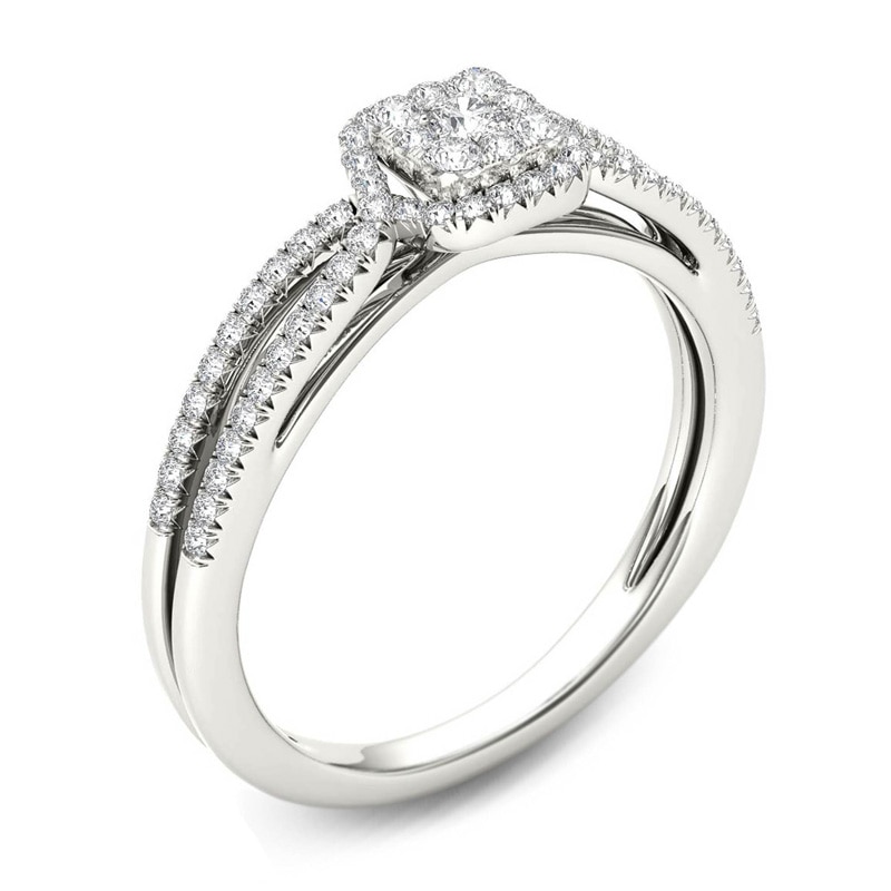 Previously Owned - 3/8 CT. T.W. Cushion-Shaped Multi-Diamond Frame Split Shank Engagement Ring in 14K White Gold