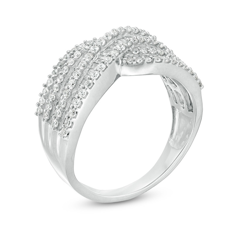 Previously Owned - 1 CT. T.W. Baguette and Round Diamond Multi-Row Crossover Ring in 10K White Gold