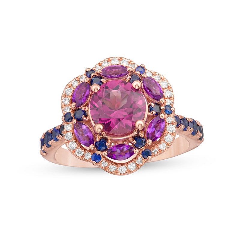 Previously Owned - Rhodolite Garnet, Garnet, Blue Sapphire and 1/8 CT. T.W. Diamond Frame Flower Ring in 14K Rose Gold