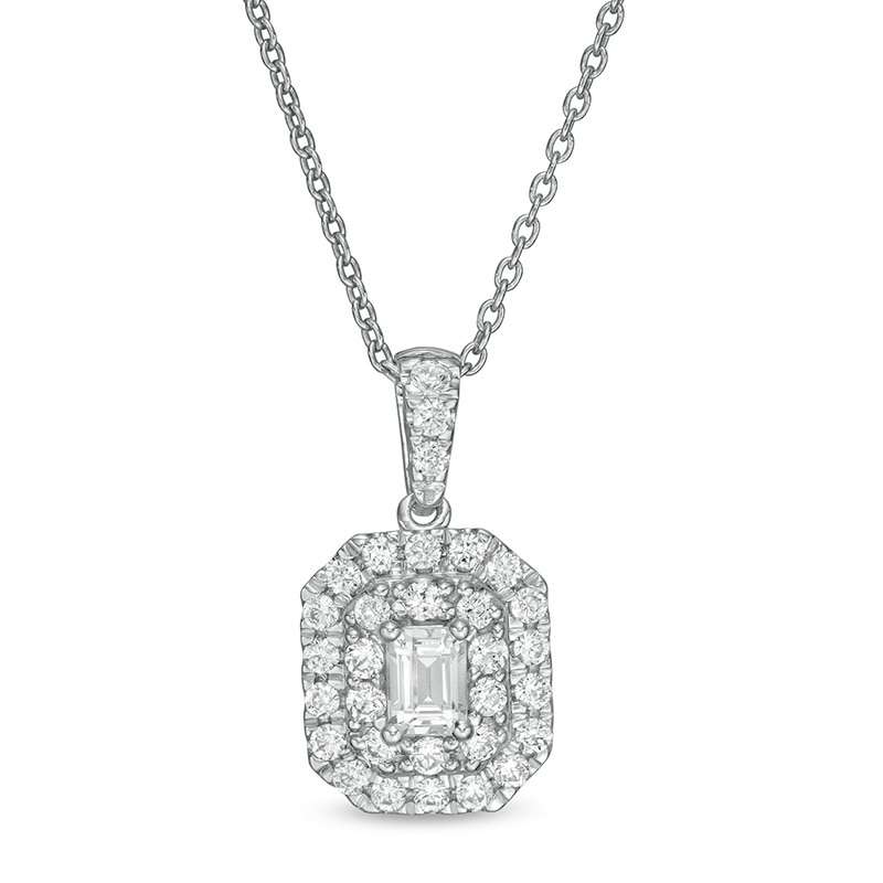Previously Owned - 1/2 CT. T.W.  Emerald-Cut Lab-Created Diamond Octagonal Double Frame Pendant in 14K White Gold