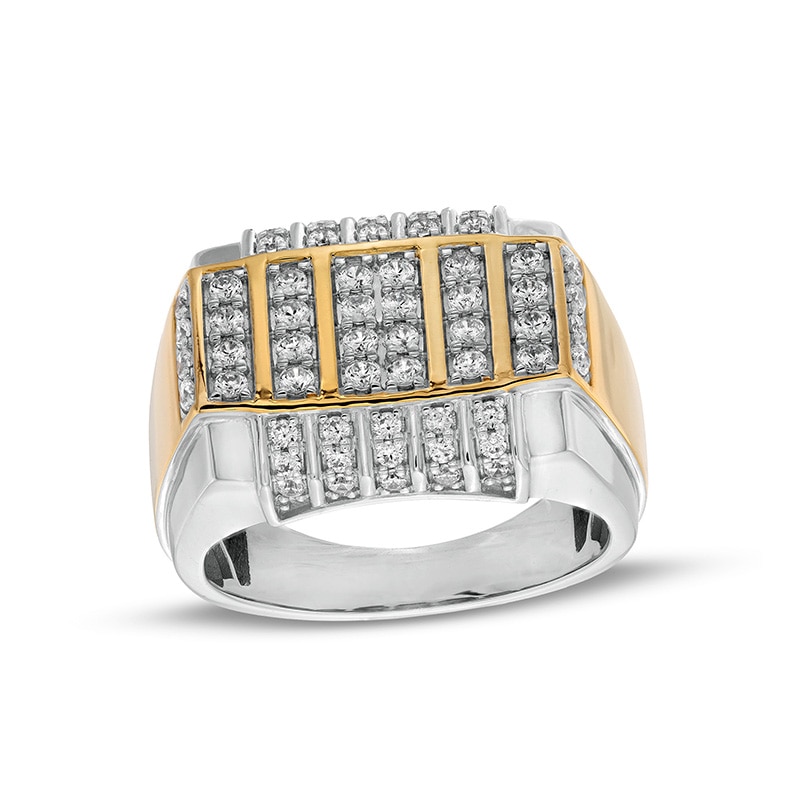 Main Image 1 of Previously Owned - Men's 1 CT. T.W. Diamond Vertical Multi-Row Rectangle-Top Ring in 10K Two-Tone Gold