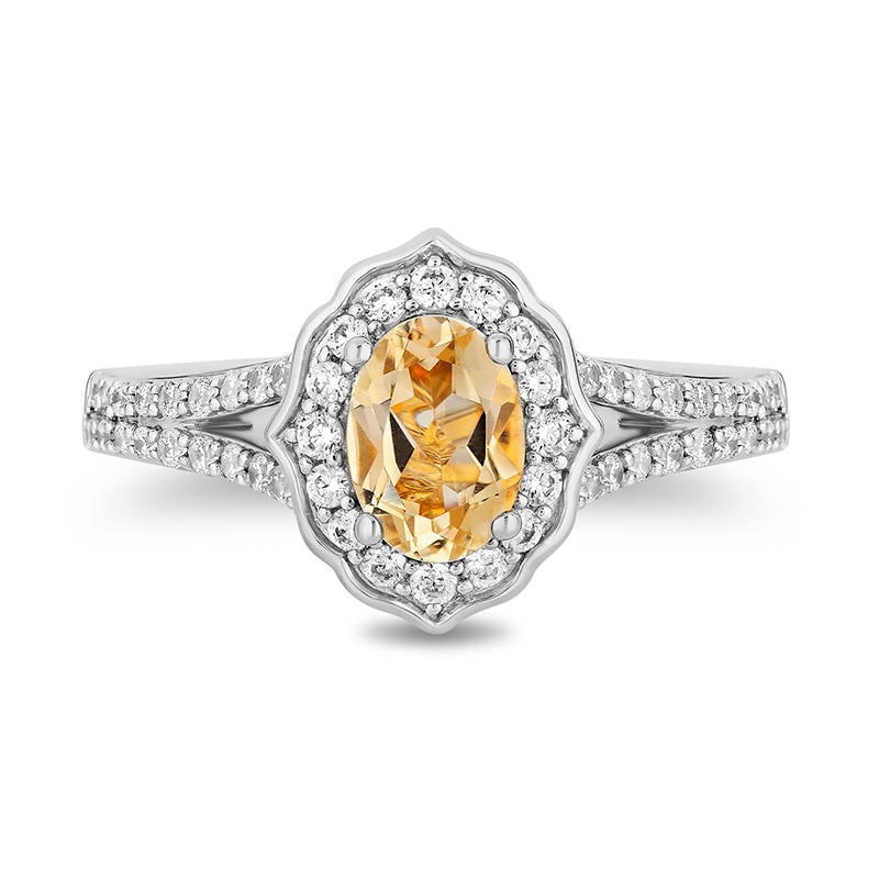 Main Image 4 of Previously Owned - Enchanted Disney Belle Citrine and 1/2 CT. T.W. Diamond Frame Engagement Ring in 14K Two-Tone Gold