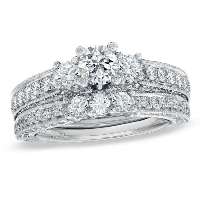 Previously Owned - Vera Wang Love Collection 2 CT. T.W. Diamond Three Stone Bridal Set in 14K White Gold