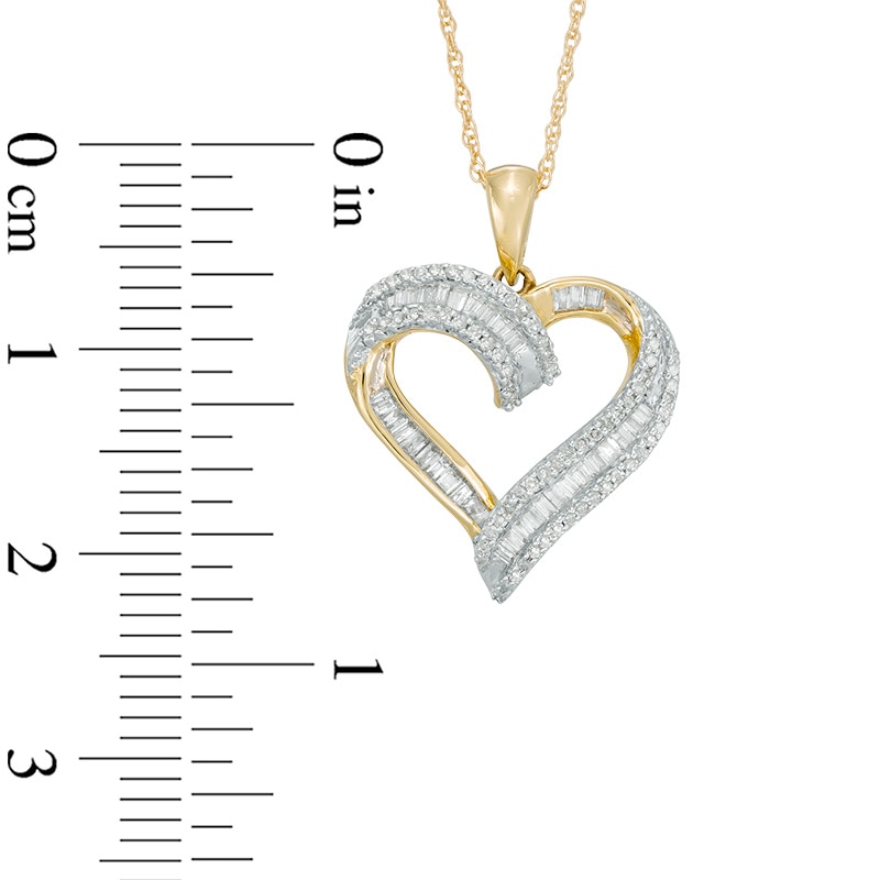 Previously Owned - 1/4 CT. T.W. Baguette and Round Diamond Heart Pendant in 10K Gold