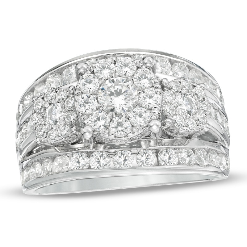 Main Image 1 of Previously Owned - 2 CT. T.W. Diamond Frame Three Stone Multi-Row Engagement Ring in 14K White Gold