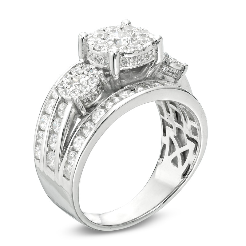 Main Image 2 of Previously Owned - 2 CT. T.W. Diamond Frame Three Stone Multi-Row Engagement Ring in 14K White Gold