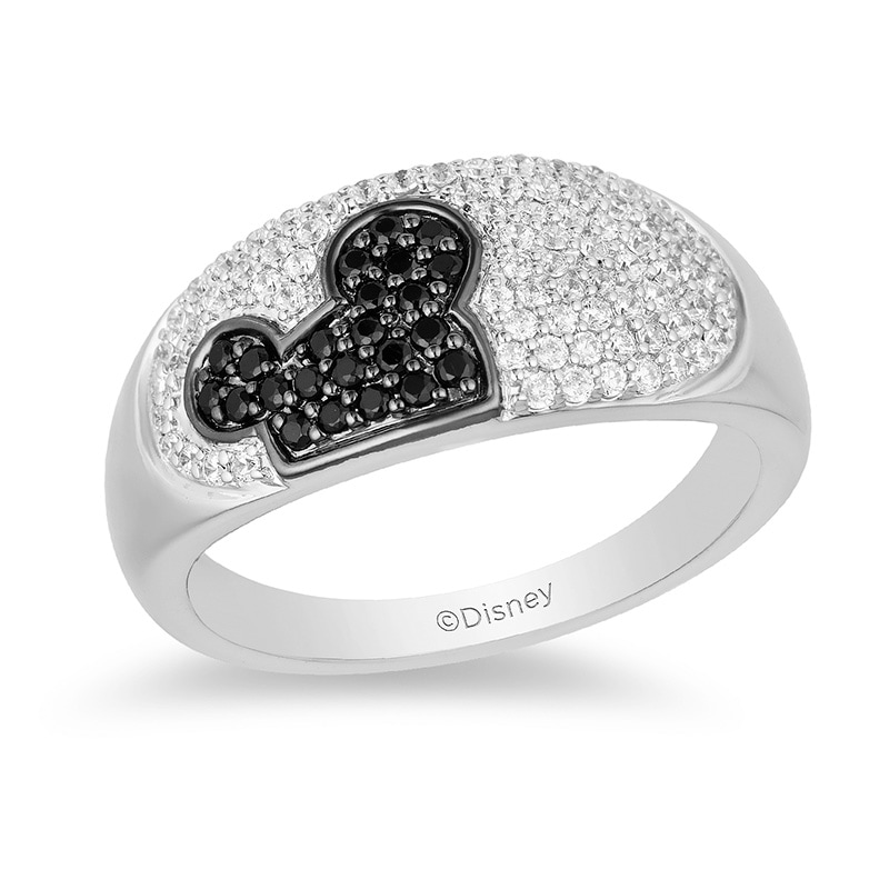Previously Owned - Mickey Mouse & Minnie Mouse 1/2 CT. T.W. Black and White Diamond Ring in Black Sterling Silver