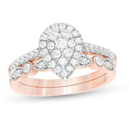 Previously Owned - 1/2 CT. T.W. Pear-Shaped Multi-Diamond Art Deco Bridal Set in 10K Rose Gold