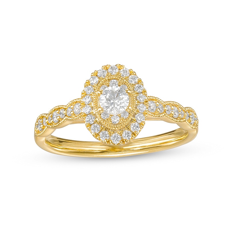 Previously Owned - 1/2 CT. T.W. Oval-Shaped Multi-Diamond Frame Scallop Shank Vintage-Style Engagement Ring in 10K Gold