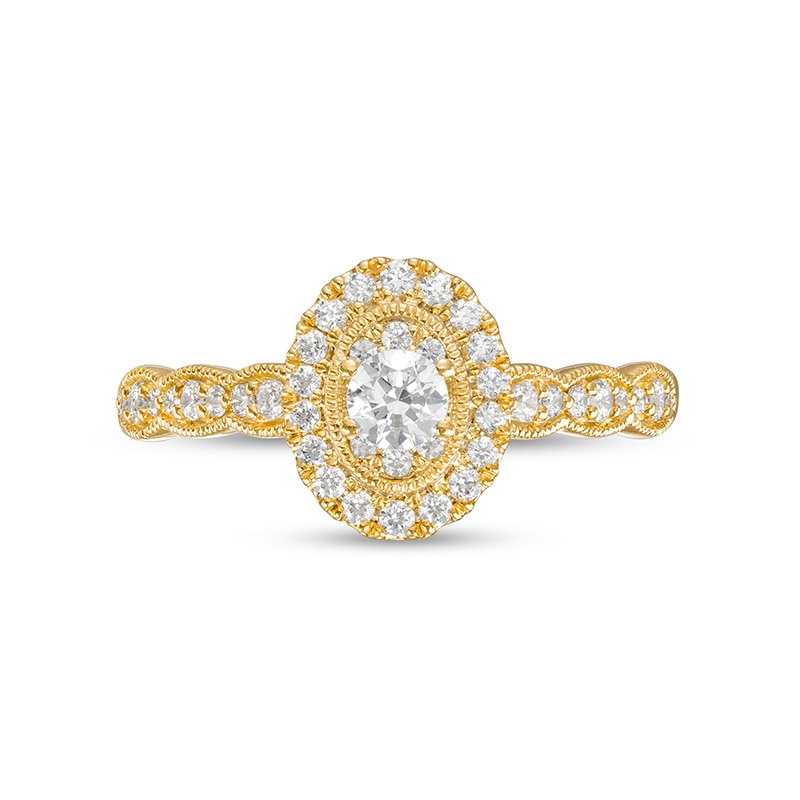 Previously Owned - 1/2 CT. T.W. Oval-Shaped Multi-Diamond Frame Scallop Shank Vintage-Style Engagement Ring in 10K Gold