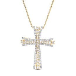 Previously Owned - 1 CT. T.W. Diamond Multi-Row Flared Cross Pendant in 10K Gold