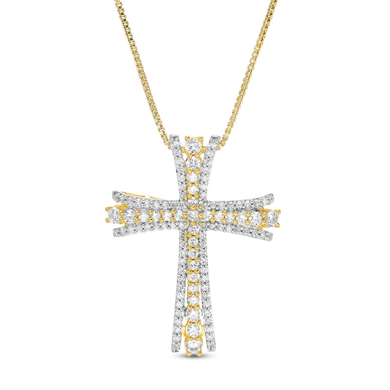 Main Image 1 of Previously Owned - 1 CT. T.W. Diamond Multi-Row Flared Cross Pendant in 10K Gold