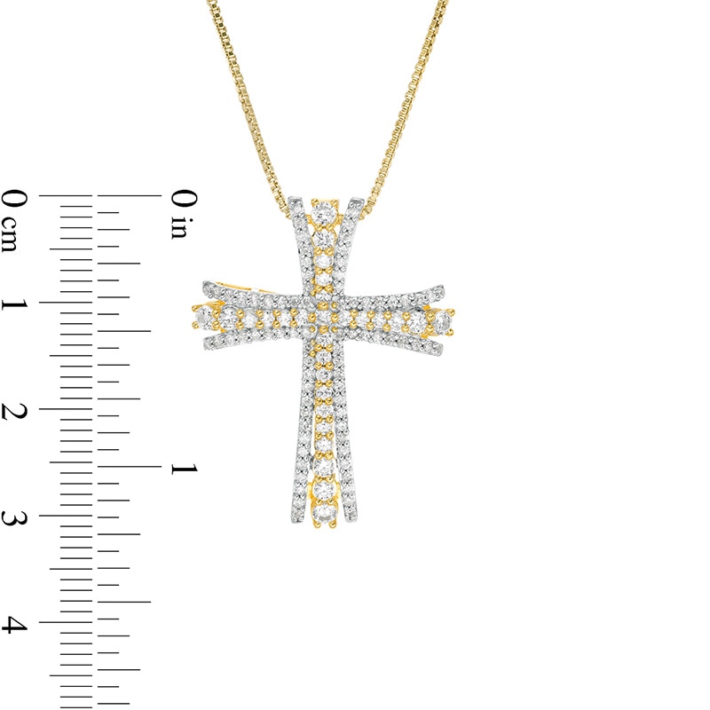 Main Image 2 of Previously Owned - 1 CT. T.W. Diamond Multi-Row Flared Cross Pendant in 10K Gold