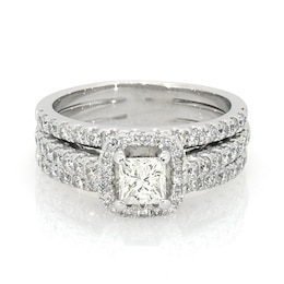 Previously Owned 1-3/4 CT. T.W. Princess-Cut Diamond Frame Soldered Bridal Set in 14K White Gold