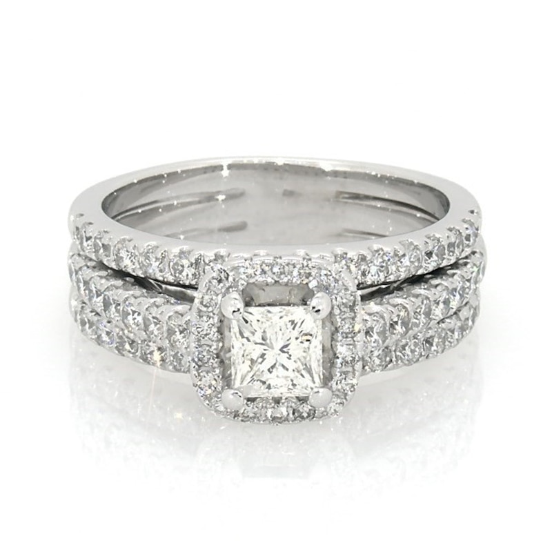 Main Image 1 of Previously Owned 1-3/4 CT. T.W. Princess-Cut Diamond Frame Soldered Bridal Set in 14K White Gold