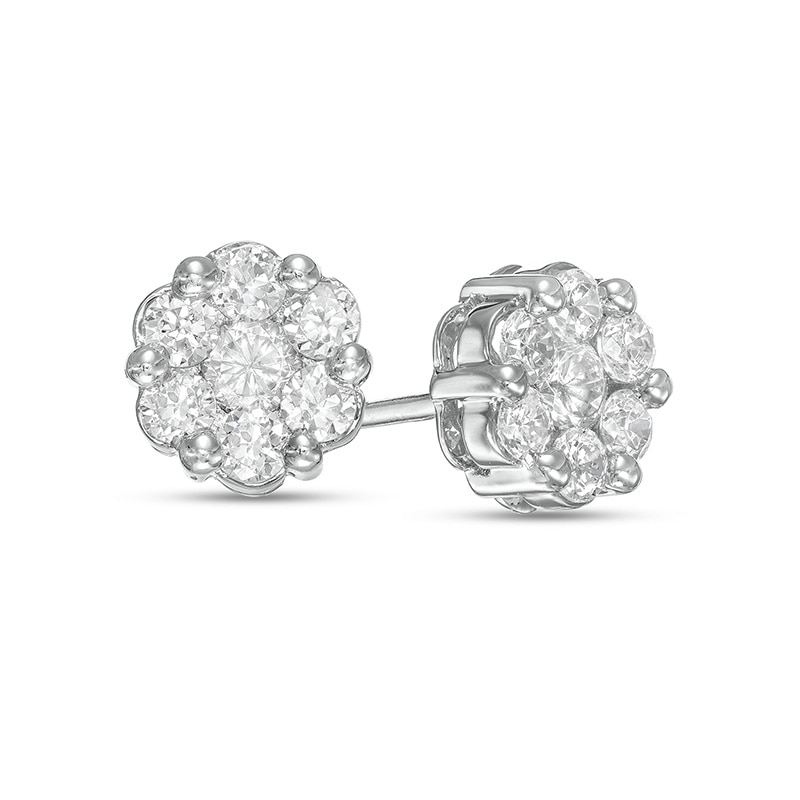 Main Image 1 of Previously Owned - 1 CT. T.W. Multi-Diamond Floral Stud Earrings in 10K White Gold