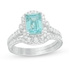 Thumbnail Image 1 of Previously Owned - Emerald-Cut Swiss Blue Topaz and 1/2 CT. T.W. Diamond Vintage-Style Bridal Set in 14K White Gold