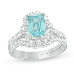 Previously Owned - Emerald-Cut Swiss Blue Topaz and 1/2 CT. T.W. Diamond Vintage-Style Bridal Set in 14K White Gold