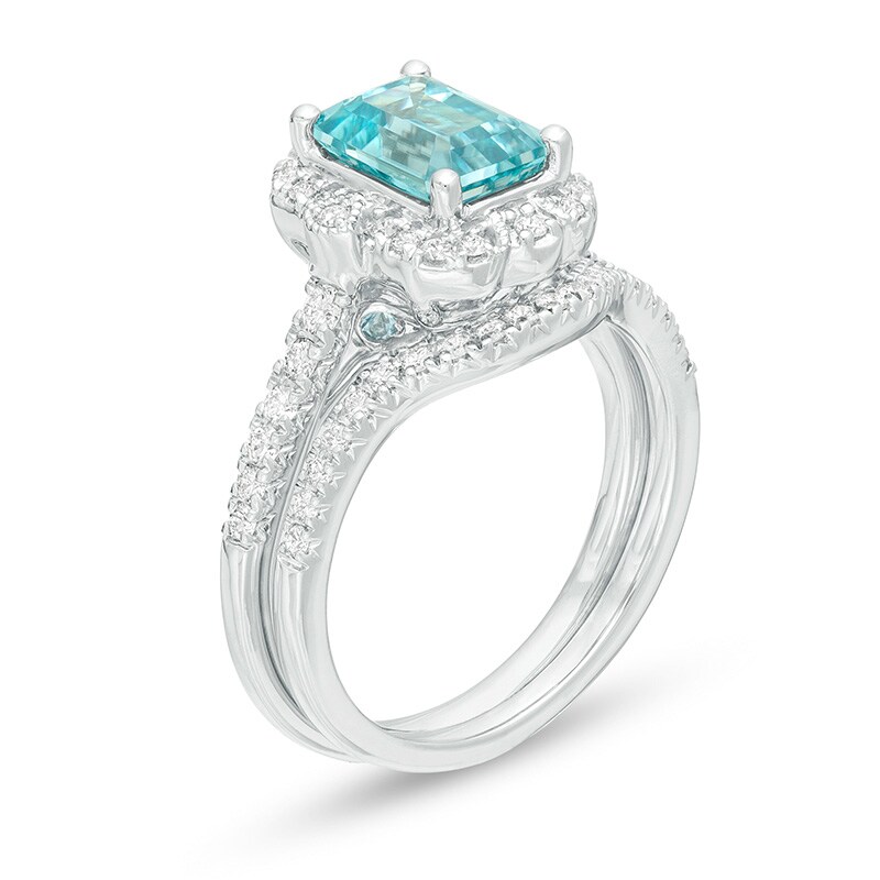 Main Image 3 of Previously Owned - Emerald-Cut Swiss Blue Topaz and 1/2 CT. T.W. Diamond Vintage-Style Bridal Set in 14K White Gold