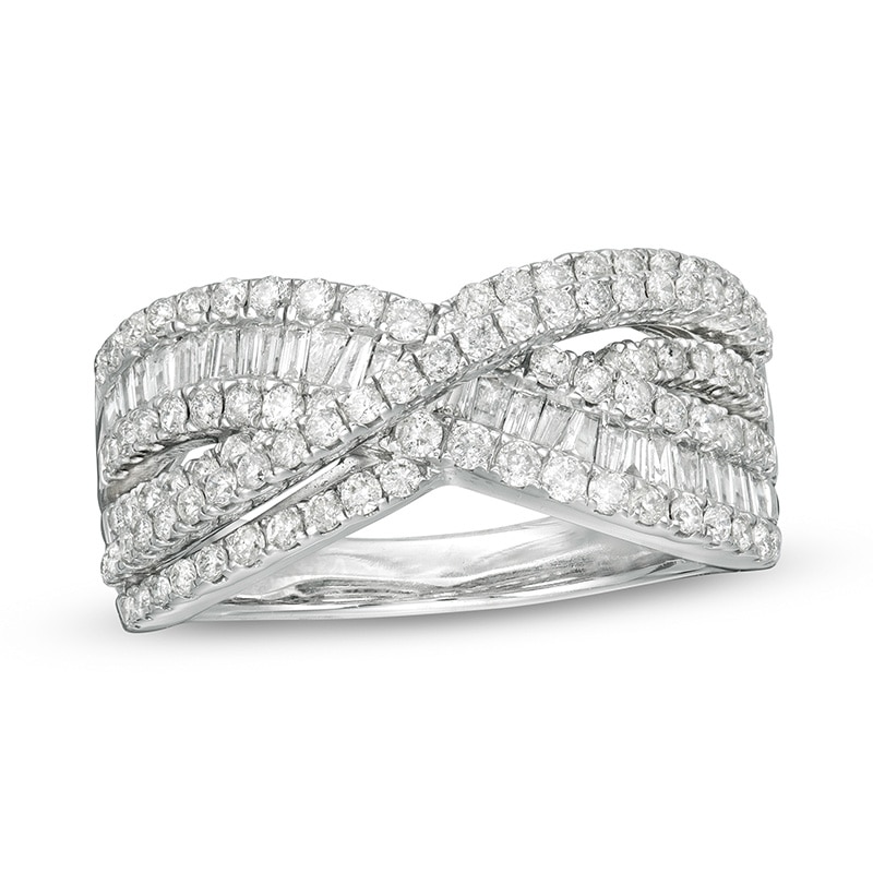 Previously Owned - 1 CT. T.W. Diamond Multi-Row Layered Criss-Cross Ring in 10K White Gold