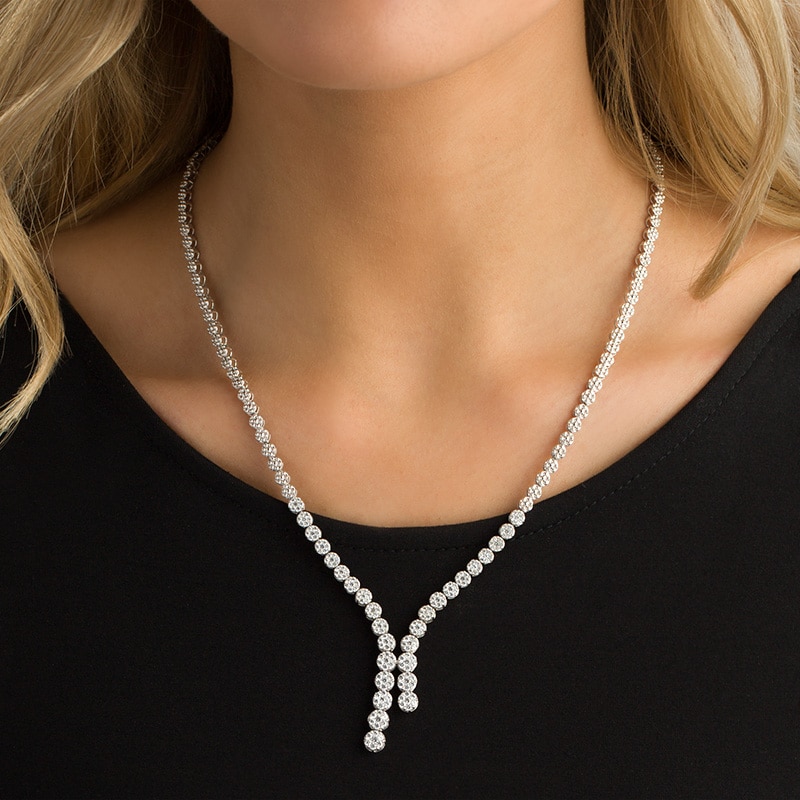 Main Image 3 of Previously Owned - 3 CT. T.W. Diamond Avalanche Staggered Drop Necklace in 14K White Gold - 19.5&quot;