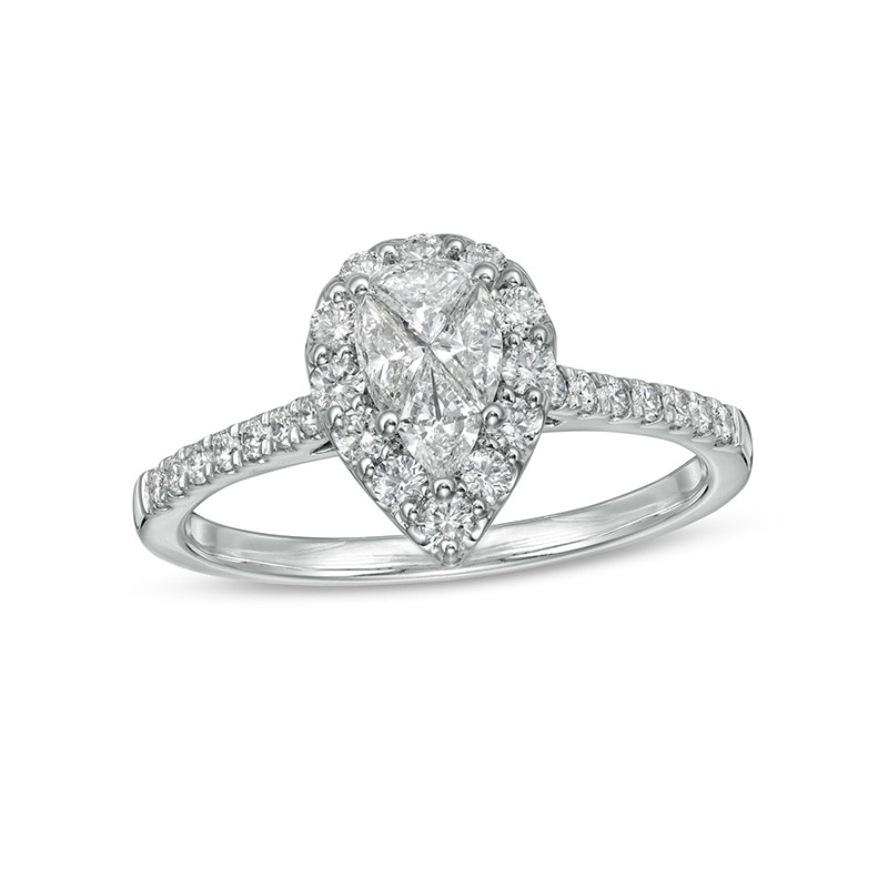 Main Image 1 of Previously Owned - 3/4 CT. T.W. Composite Pear-Shaped Diamond Frame Engagement Ring in 10K White Gold