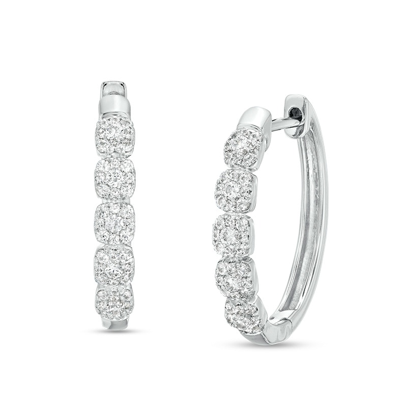 Main Image 1 of Previously Owned - 1/2 CT. T.W. Cushion-Shaped Multi-Diamond Oval Hoop Earrings in 10K White Gold