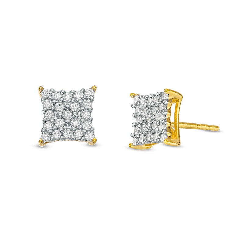 Main Image 1 of Previously Owned - Men's 1/3 CT. T.W. Square-Shaped Multi-Diamond Concave Stud Earrings in 10K Gold