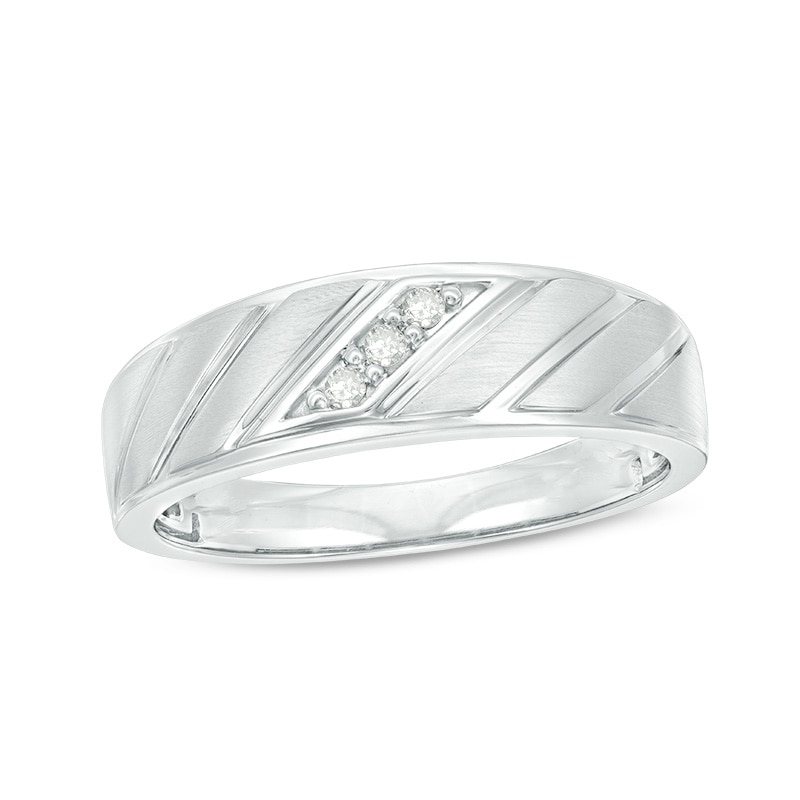 Previously Owned - Men's 1/20 CT. T.W. Diamond Three Stone Slant Groove Wedding Band in 10K White Gold