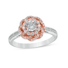 Previously Owned - 1/2 CT. T.W. Diamond Flower Frame Engagement Ring in 10K Two-Tone Gold