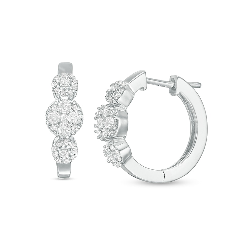 Main Image 1 of Previously Owned - 1/2 CT. T.W. Multi-Diamond Diamond Three Stone Hoop Earrings in 10K White Gold