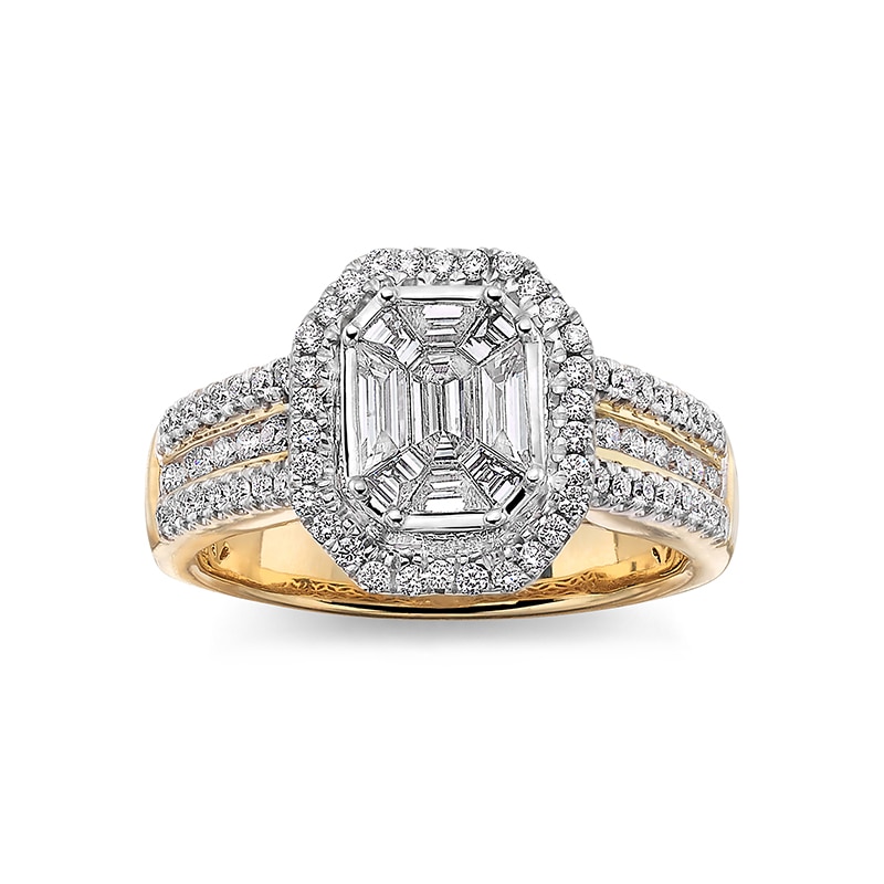 Main Image 1 of Previously Owned - 1 CT. T.W. Emerald-Cut Diamond Frame Multi-Row Engagement Ring in 14K Gold