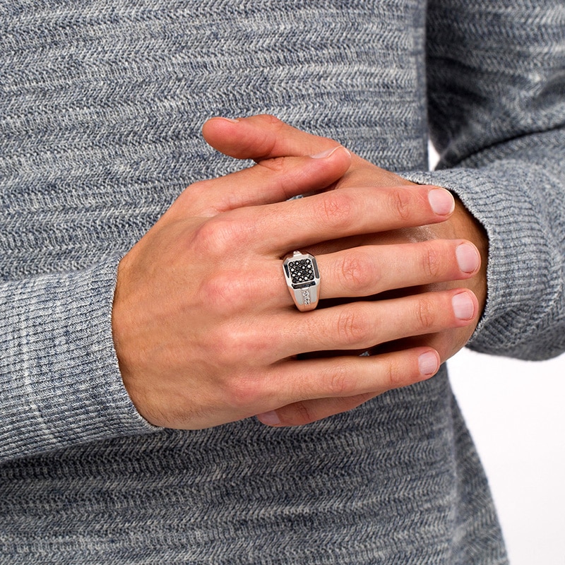 Main Image 2 of Previously Owned - Men's 1 CT. T.W. Octagonal Black and White Diamond Stepped Edge Ring in Sterling Silver