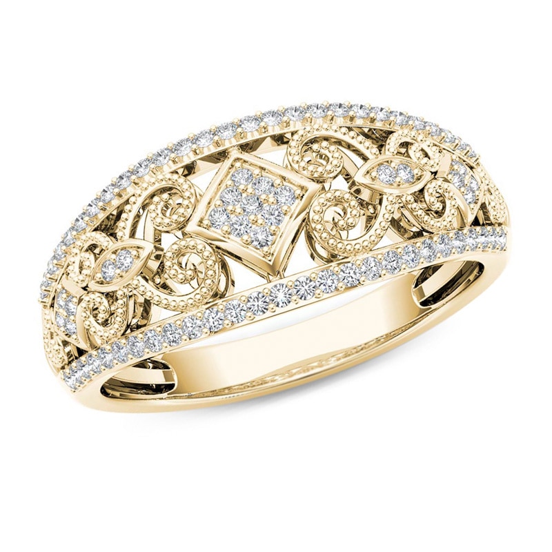 Main Image 1 of Previously Owned - 1/5 CT. T.W. Multi-Diamond Diamond Vintage-Style Tilted Square Filigree Ring in 10K Gold