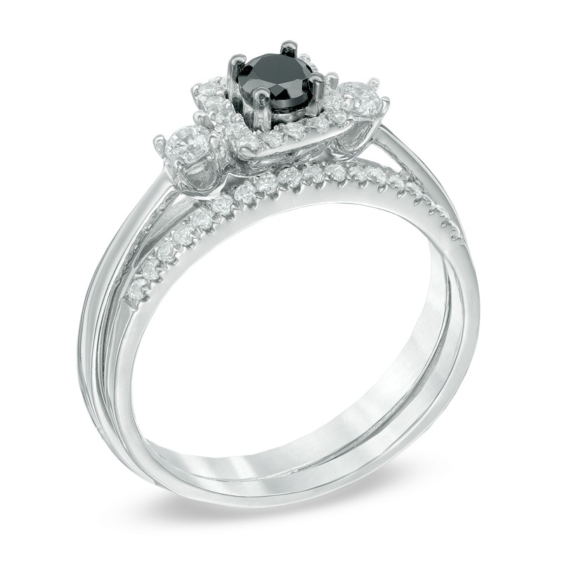 Main Image 2 of Previously Owned - 1/2 CT. T.W.  Black and White Diamond Three Stone Bridal Set in 10K White Gold