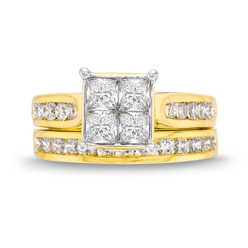 Main Image 4 of Previously Owned - 2 CT. T.W. Quad Princess-Cut Diamond Bridal Set in 14K Gold