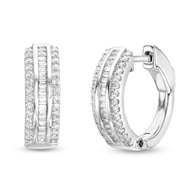 Main Image 1 of Previously Owned - Marilyn Monroe™ Collection 3/4 CT. T.W. Multi-Diamond Edge Huggie Hoop Earrings in 10K White Gold